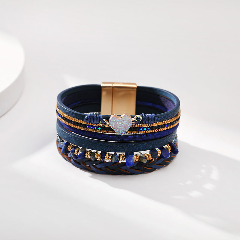 Wholesale Love Retro Hand-woven Leather Multi-layer Diamond-encrusted Ethnic Style Gravel Bracelet